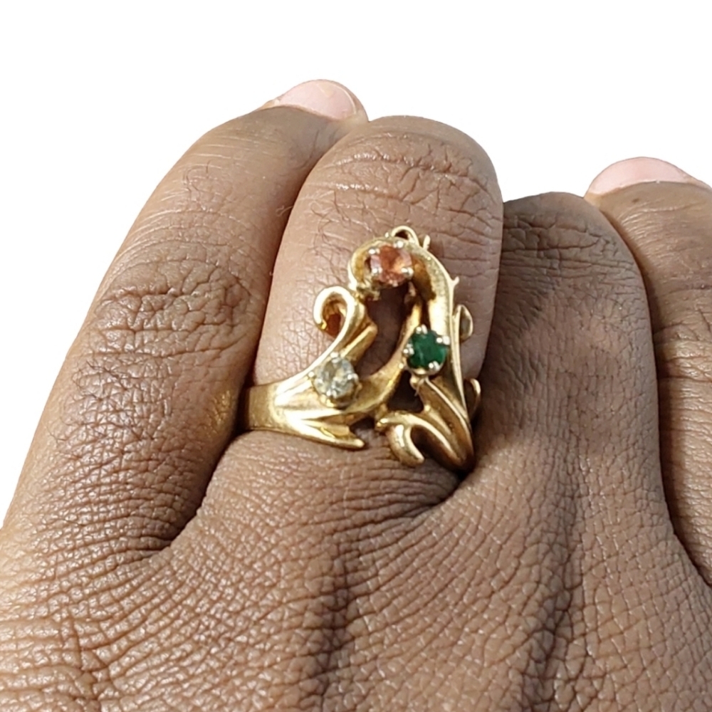 Vintage 14k Brutalist Emerald, Diamond &,Citrine Vine Nuggets Lattice Ring